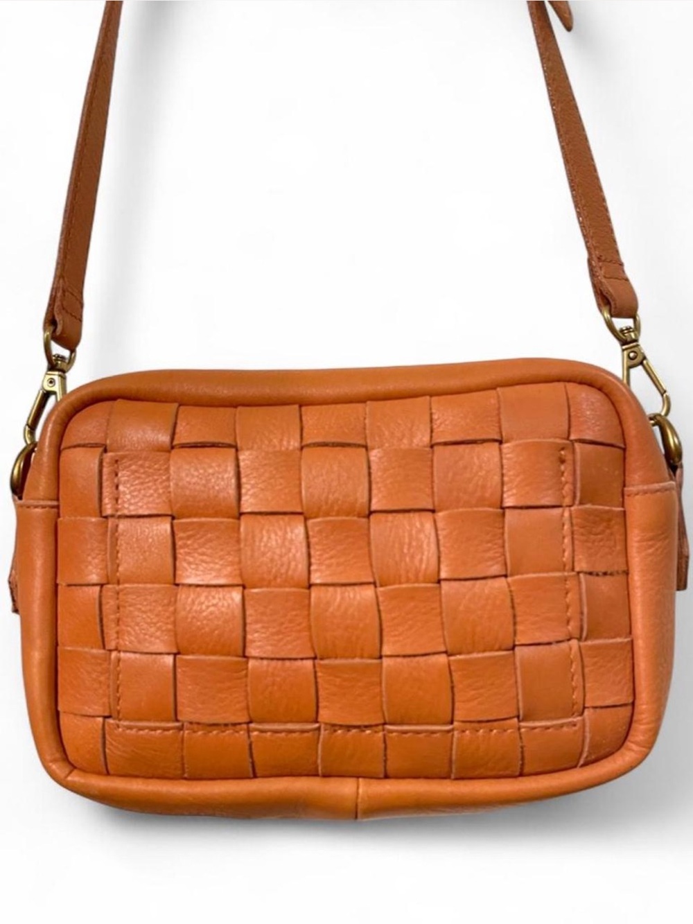 Woven Leather Crossbody Bag in Cognac